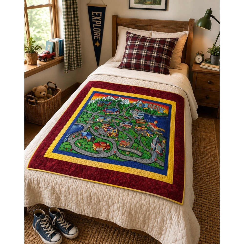 Hero City 42x60 Kids Quilted Throw Blanket Road Map Play Mat Plaid Reverse